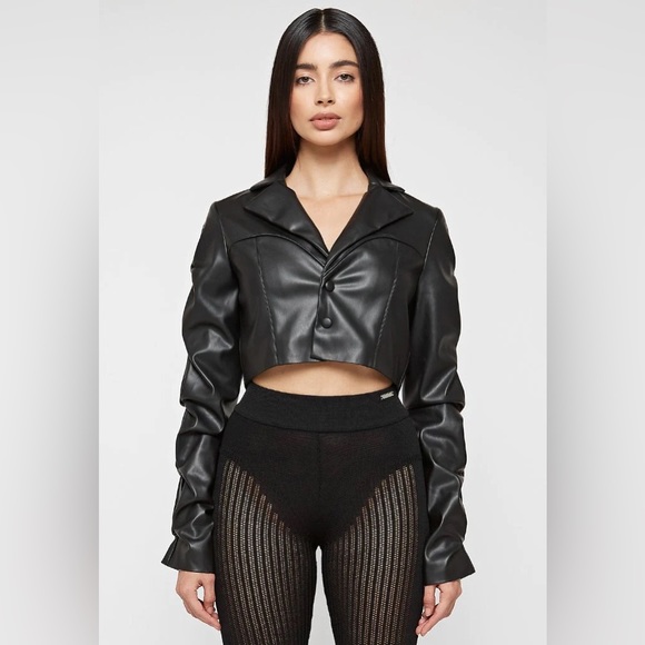 Maniere De Voir tracked vegan leather cropped jacket/blazer long sleeve - black - Picture 1 of 5